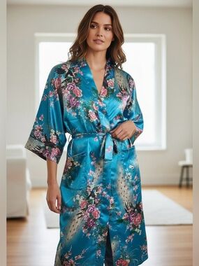 Japanese Kimono Robe in Teal with Tie Waist Floral and Peacocks Graphics